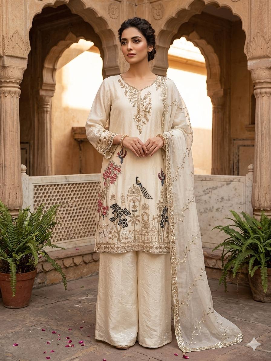 Designer Beads &amp; Sequence Embroidered Palazzo Suit Set with Dupatta&nbsp;