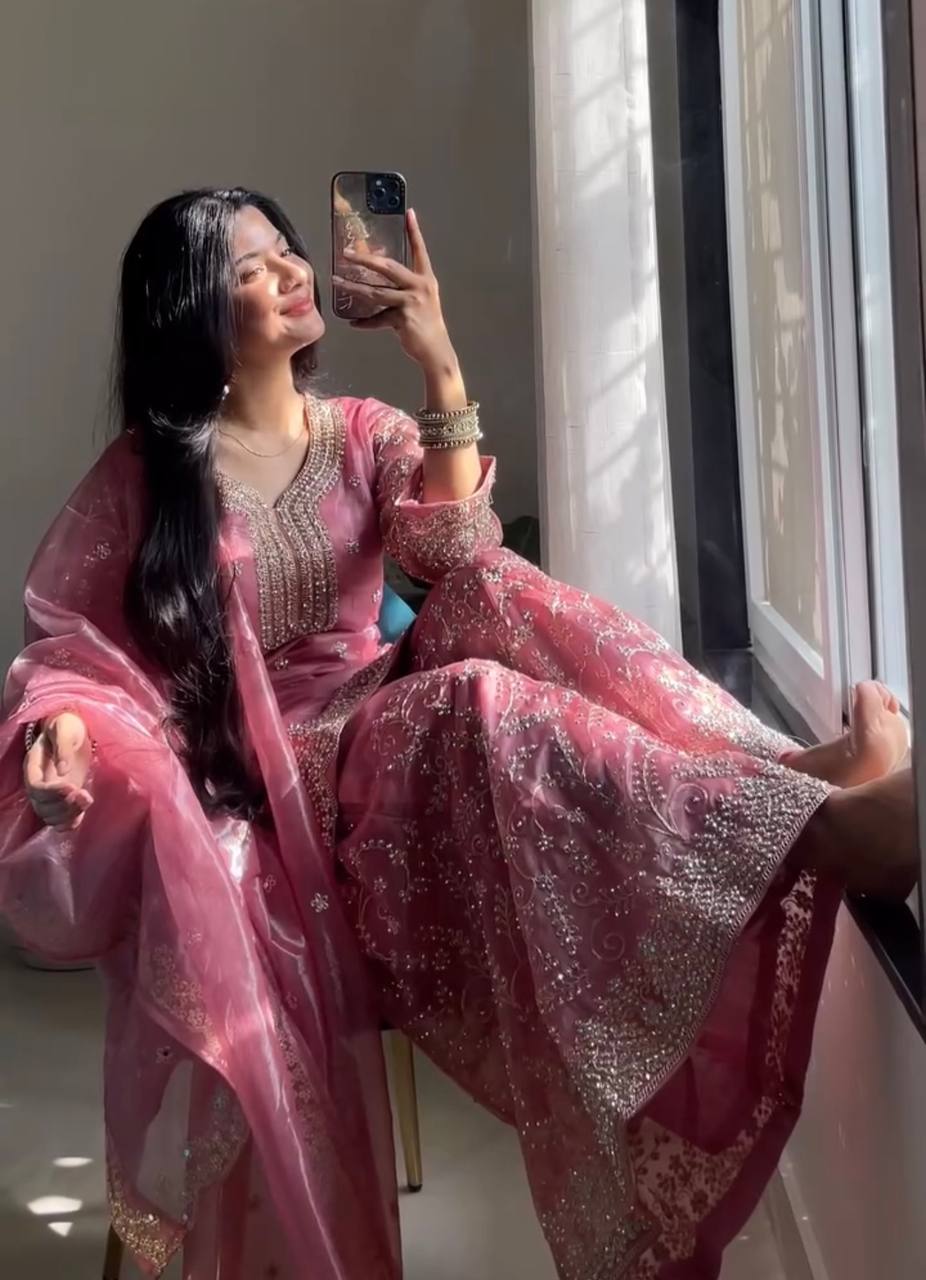 Designer Party Wear Pure Jimmy Choo Top Palazzo Dupatta Set