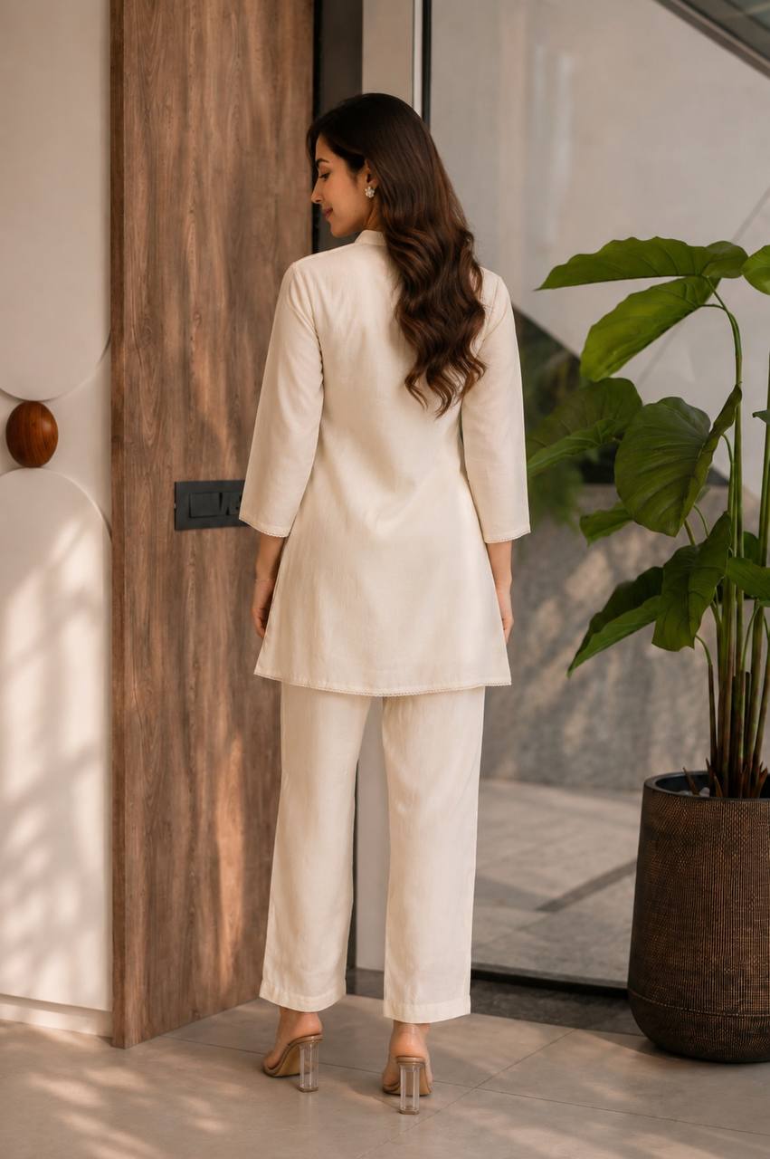 Premium Mal Chanderi Designer Beige Charam Co-Ord Set