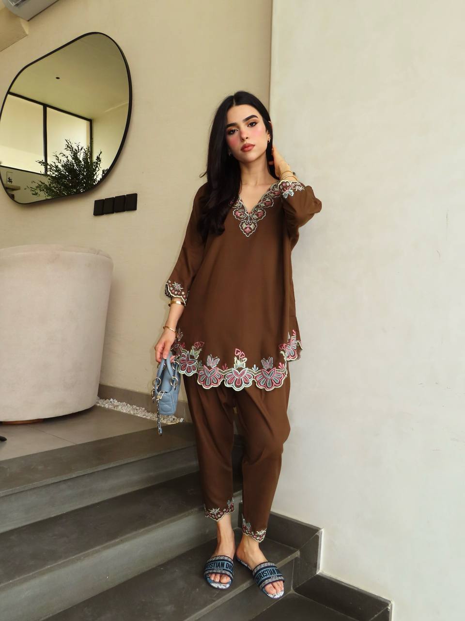 Brown French Crepe Co-Ord Set – Top & Palazzo