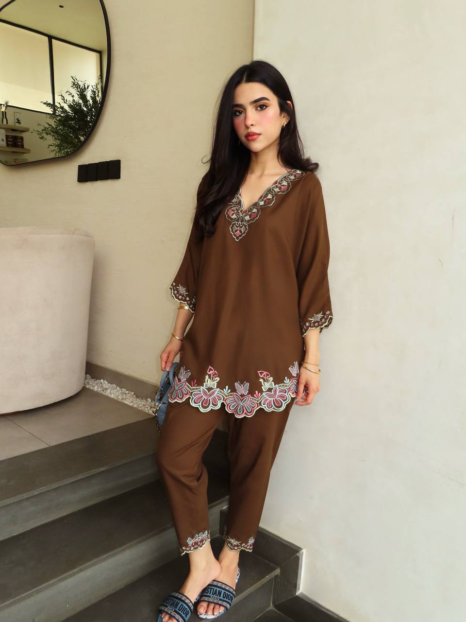 Brown French Crepe Co-Ord Set – Top & Palazzo