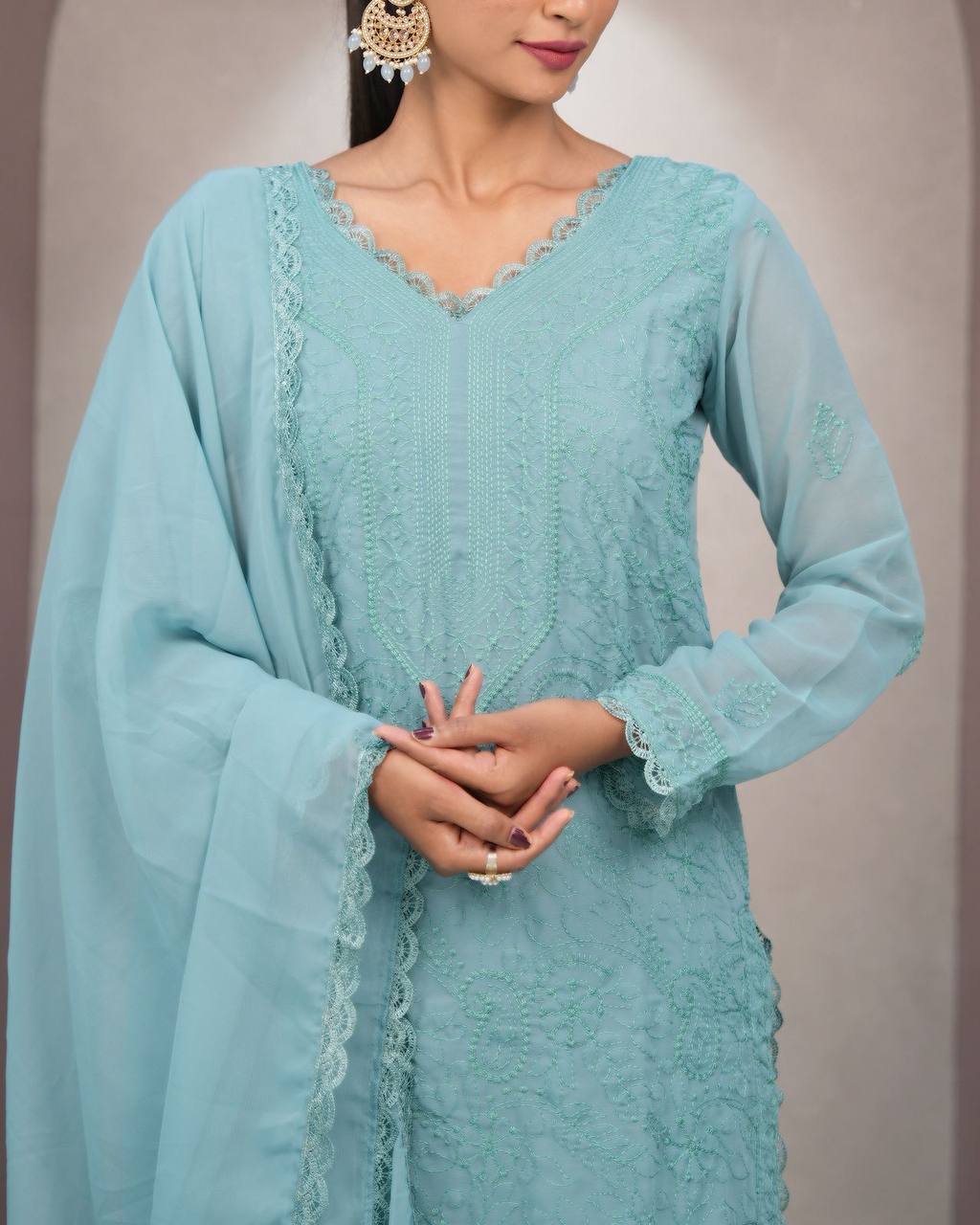 Elegant Chikankari embroidery Fox Georgette Kurta Set