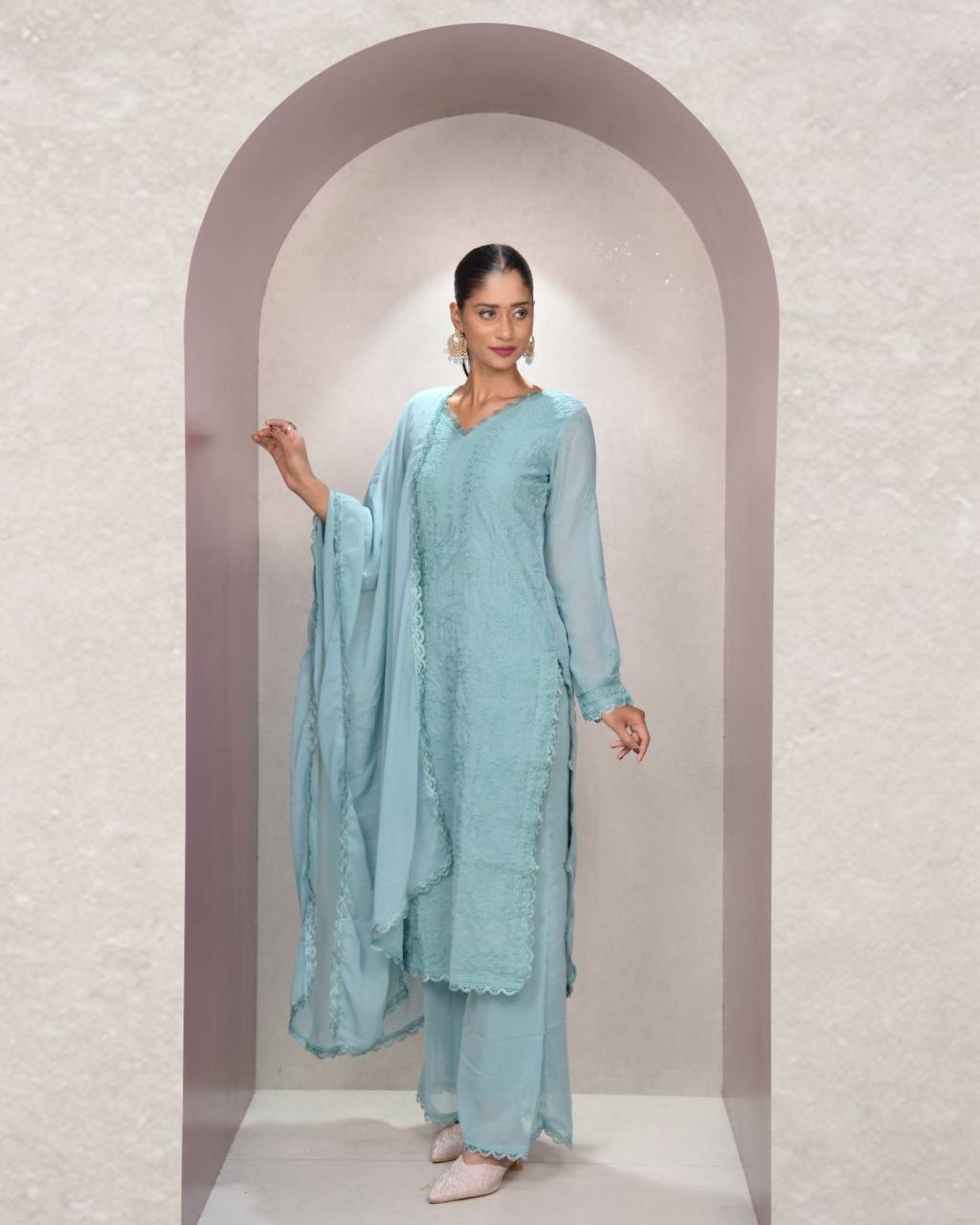 Elegant Chikankari embroidery Fox Georgette Kurta Set