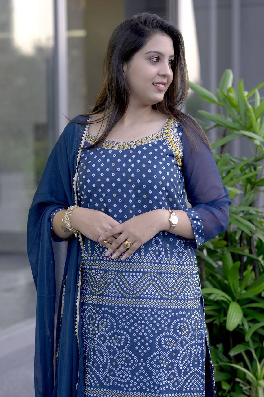 Elegant Cotton Thread Embroidered Chinon Kurti Sharara Dupatta Set