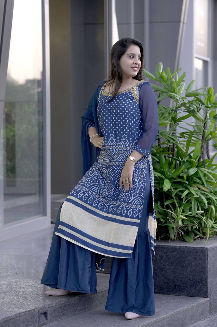 Elegant Cotton Thread Embroidered Chinon Kurti Sharara Dupatta Set