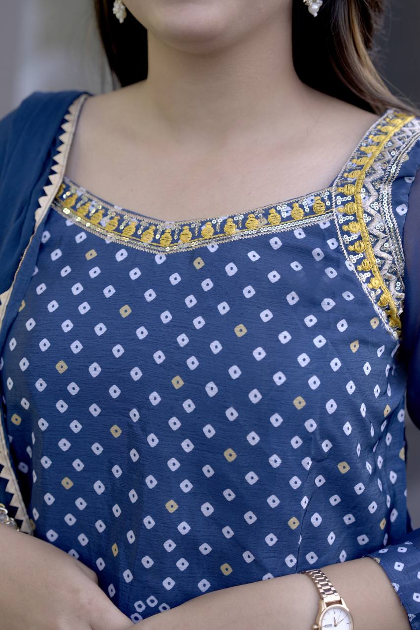 Elegant Cotton Thread Embroidered Chinon Kurti Sharara Dupatta Set