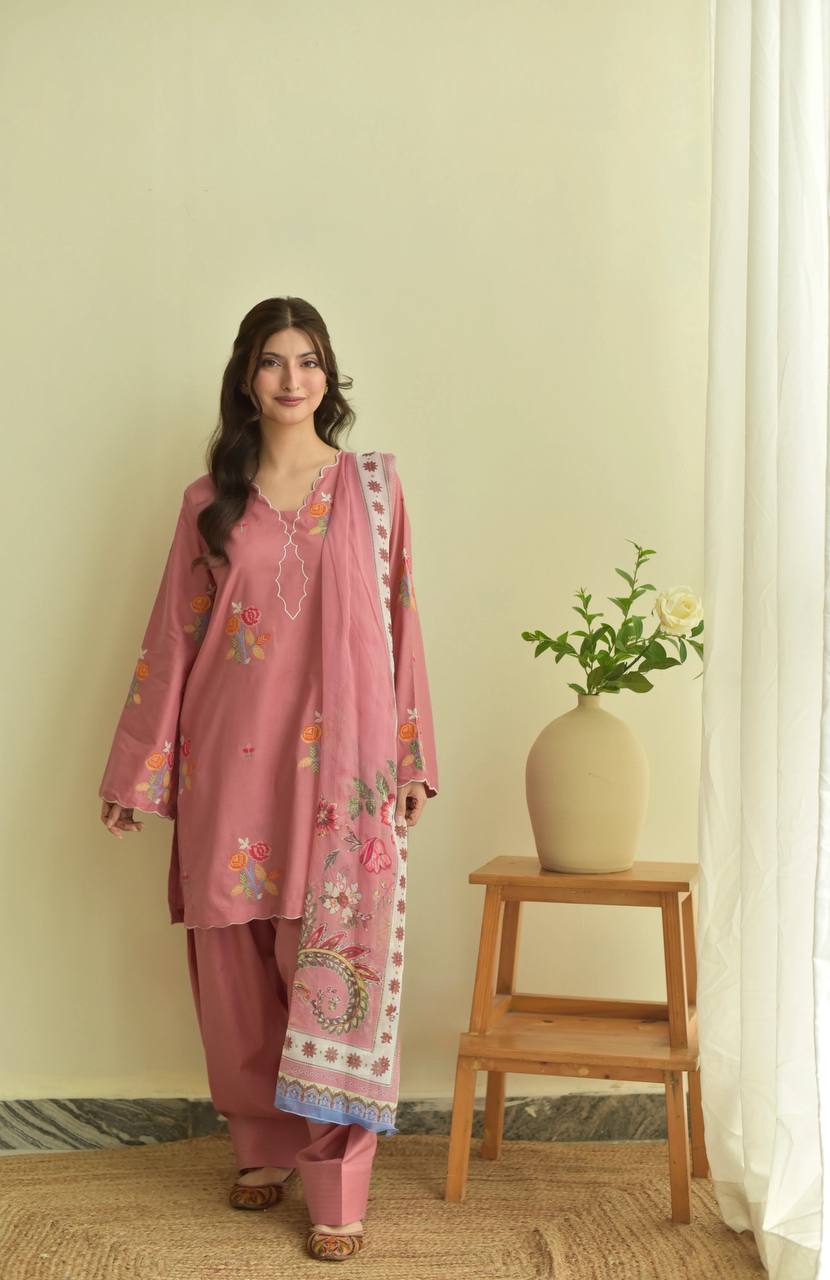 Designer Mul Chanderi Palazzo Suit Set with Embroidery Cutwork