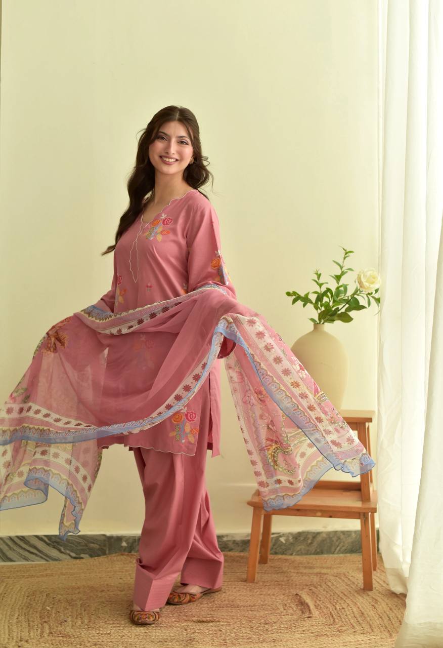 Designer Mul Chanderi Palazzo Suit Set with Embroidery Cutwork