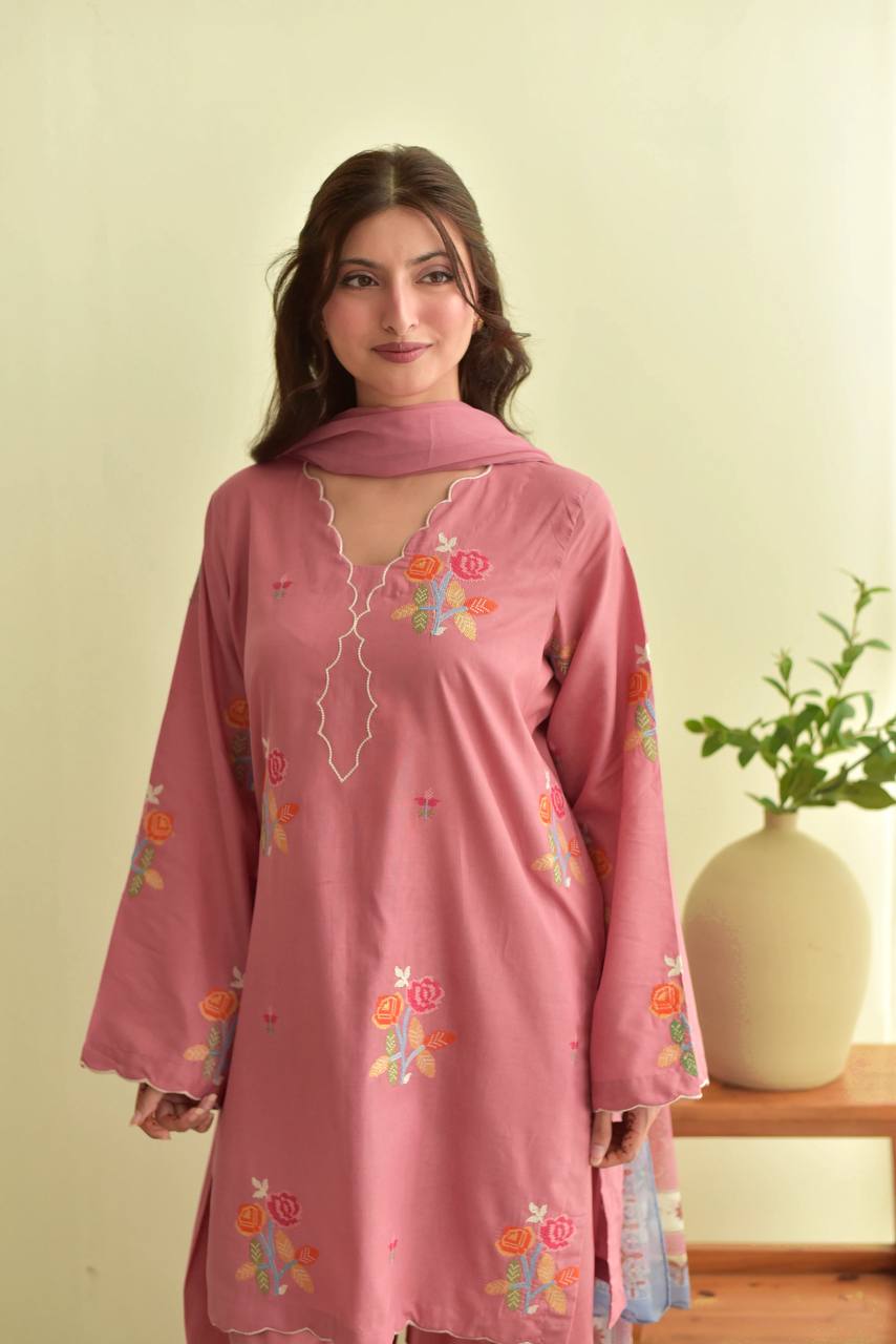 Designer Mul Chanderi Palazzo Suit Set with Embroidery Cutwork