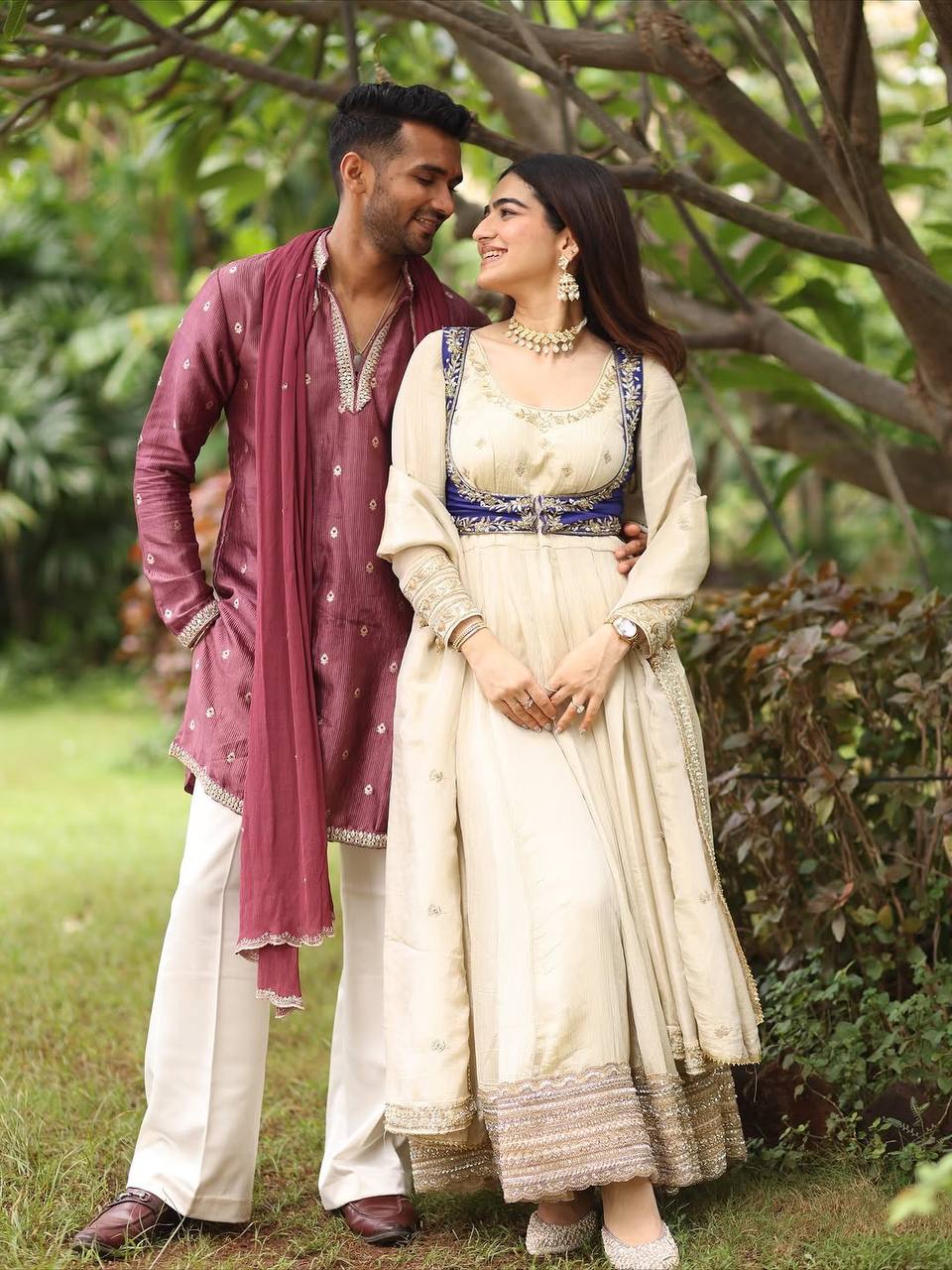 Exclusive White Chinon Silk 3-piece Anarkali set With Short Blue Koti