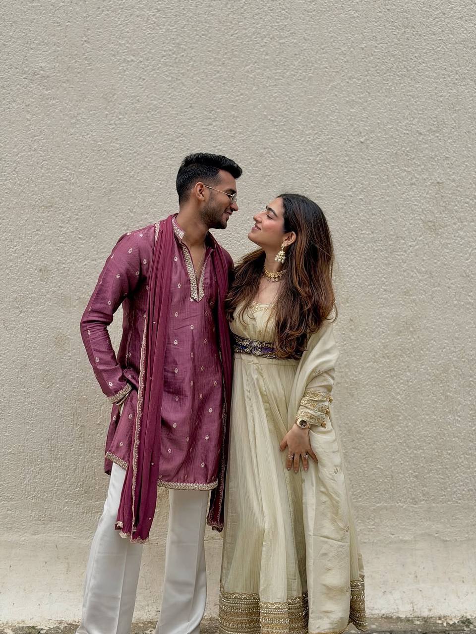 Exclusive White Chinon Silk 3-piece Anarkali set With Short Blue Koti