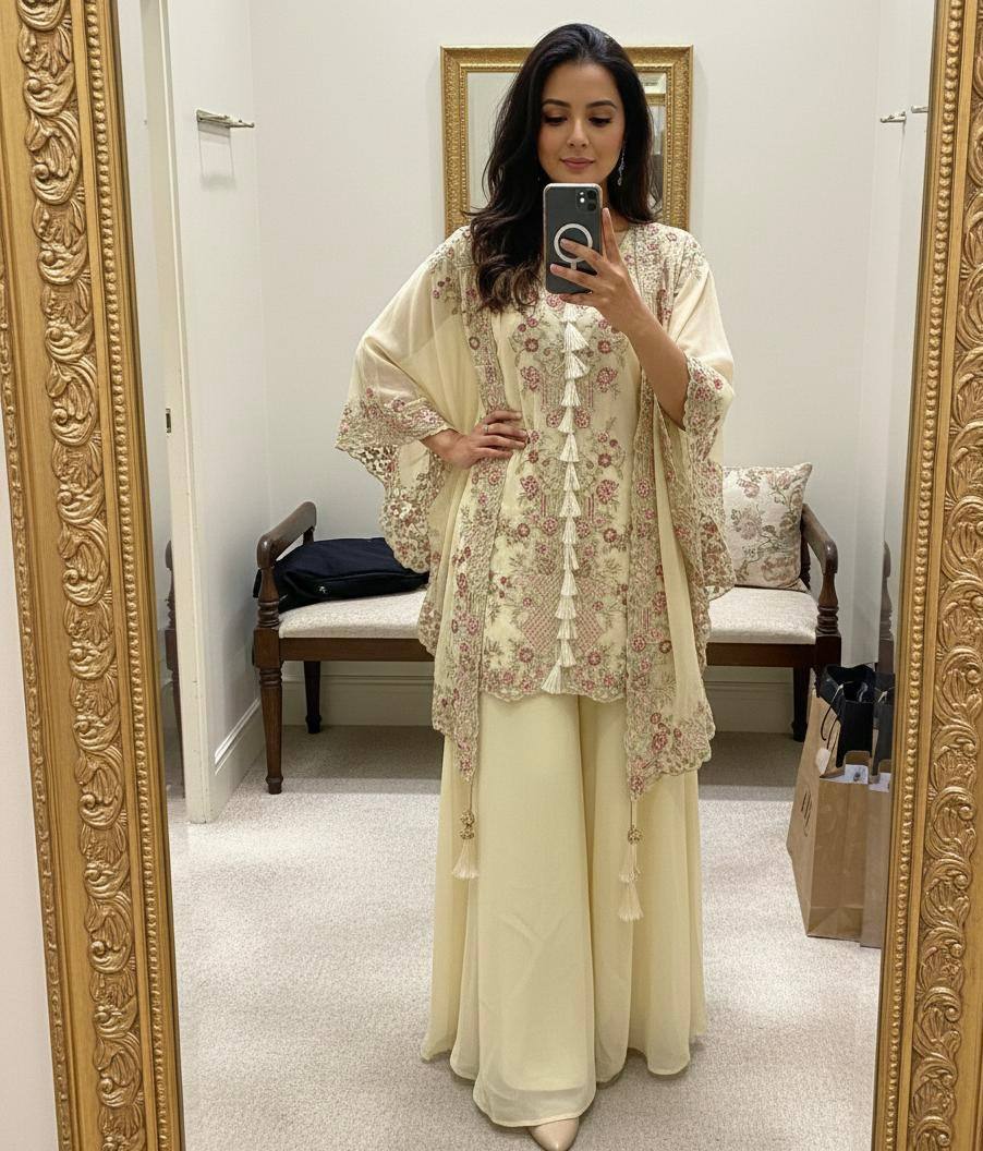 Designer Kurta Palazzo Set with Embroidered Shrug&nbsp;