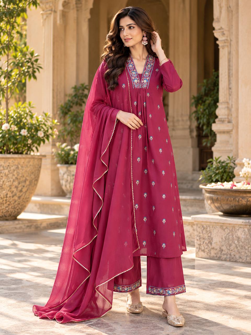 Designer Roman Silk Top Palazzo & Dupatta Set