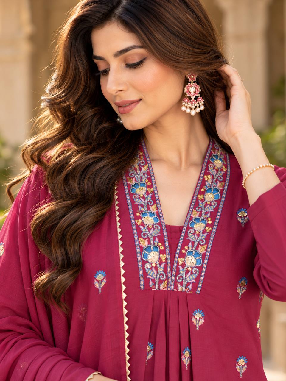 Designer Roman Silk Top Palazzo & Dupatta Set
