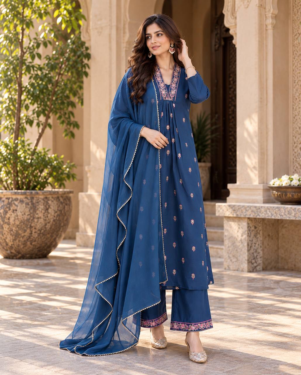 Designer Roman Silk Top Palazzo & Dupatta Set