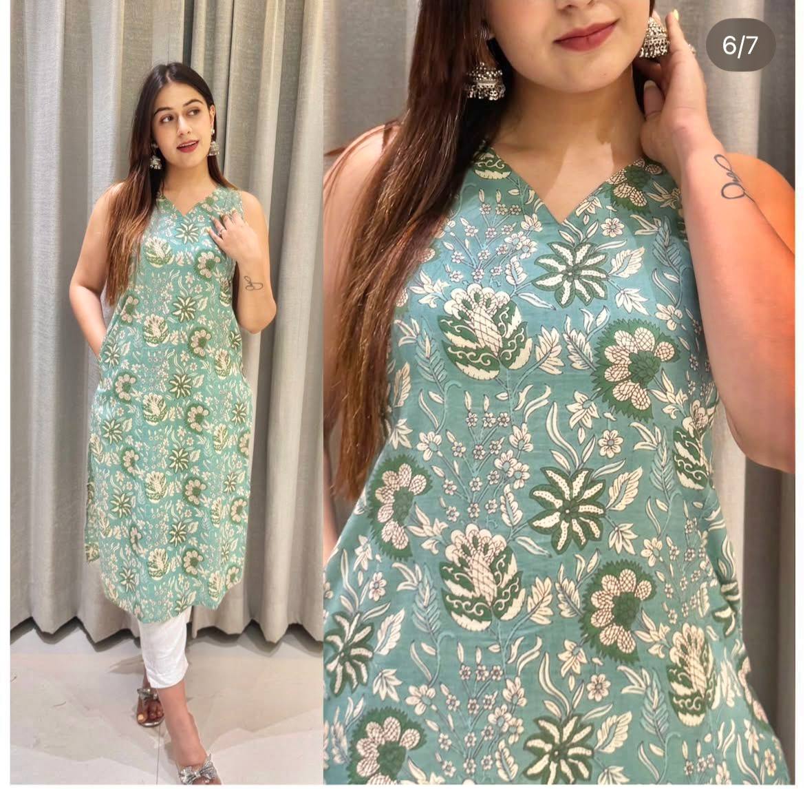 Sleeveless Cotton Printed Kurti – Perfect for Regular & Office Wear