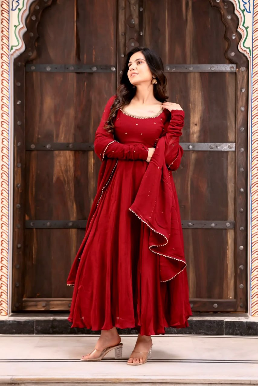 Premium Designer Red Anarkali Suit Set