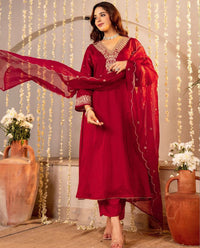 Premium Red Designer Kurta Pant Set with Dupatta