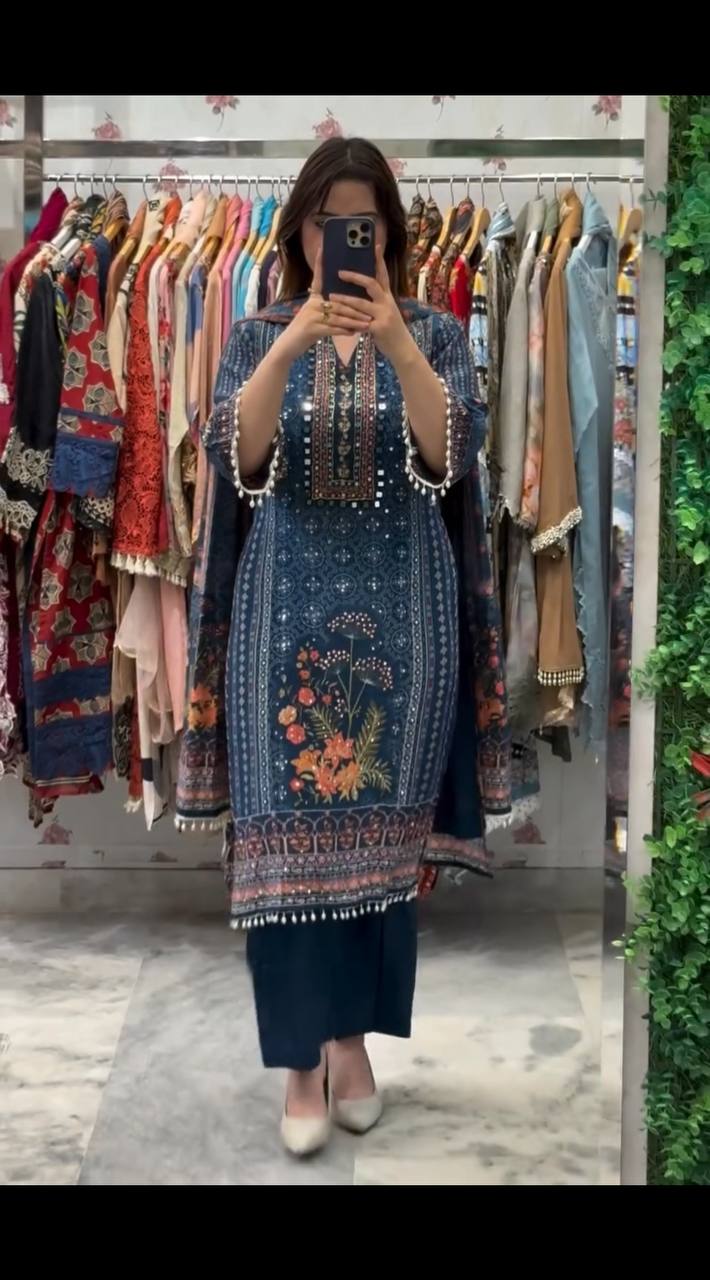 Designer Chinon Kurti Set with Plazzo & Dupatta