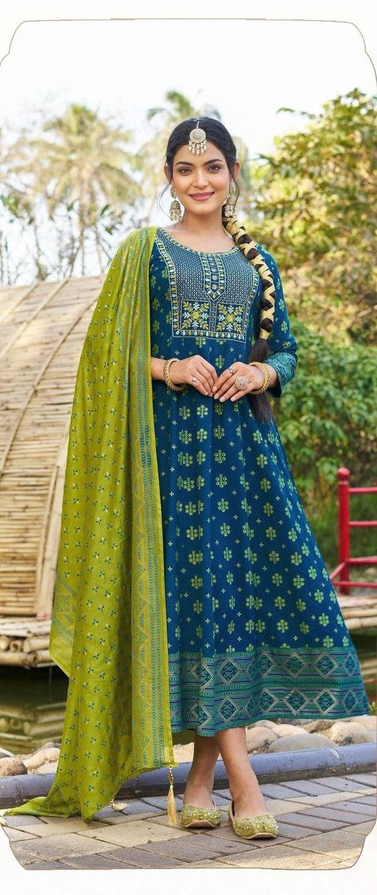 Anarkali Gown with Dupatta – Multi Color Combination Print