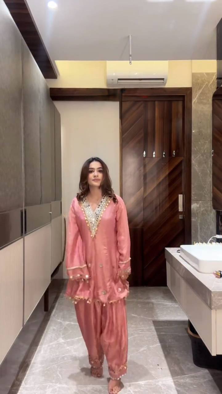 Exclusive Wedding Season Sequin Mirror Work Sharara Set With Organza Dupatta